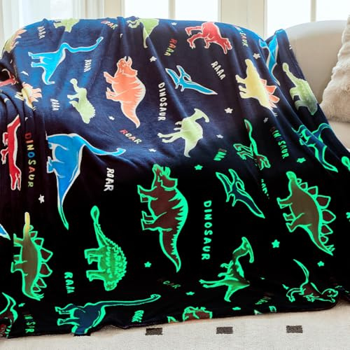 OLAOLA Dinosaur Glow in The Dark Blanket for Kids Soft Flannel Throw Blankets Dinosaurs Gifts for Boys Girls Warm Cosy Sofa Bed Throws (130 x 150cm, Dinosaur)