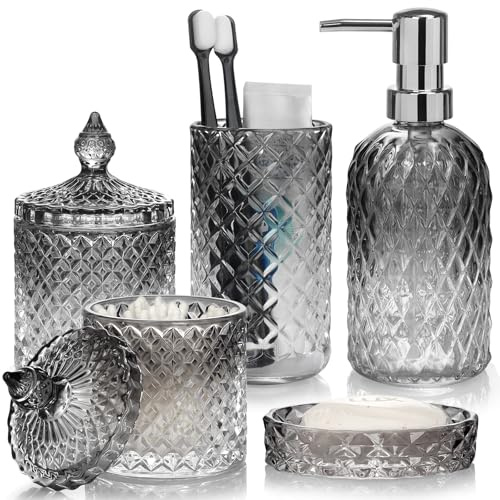 5 Stück Glas Badezimmer Zubehör Sets, Seifenspender Set mit Seifenspender, Seifenschale, Zahnbürstenhalter, Wattestäbchen Kanister, Becher, Badezimmer Deko Set, Badezimmer Organizer (schwarz)