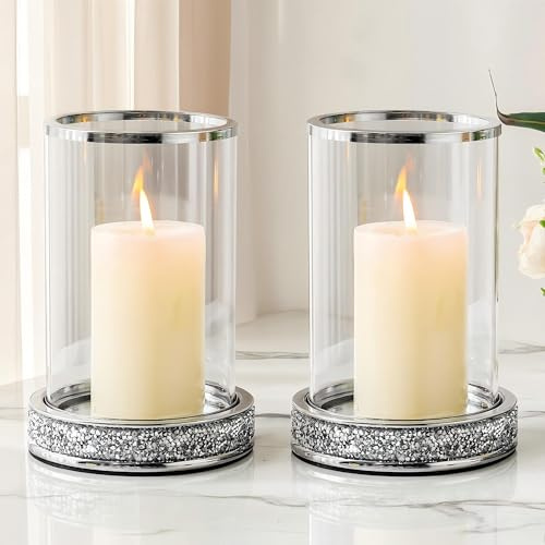 Hurricane Candle Holder, Pillar Stand with Tempered Glass Panels, Silver Crystal Ornaments for Living Room, Centrepiece Table, Wedding, Fireplace, Party (Middle, Set of 2)