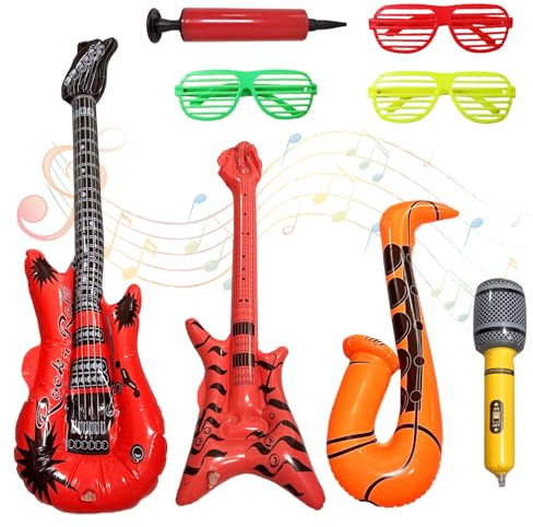 PVC Luftballon-Instrumente-Set, Aufblasbare Gitarre, Saxophon, Mikrofon + Luftpumpe & 3 Party-Brillen, Luftgitarren zum Aufblasen für Musik-Party-Deko, Fotobox, Geburtstag, Konzert, Rock-Thema