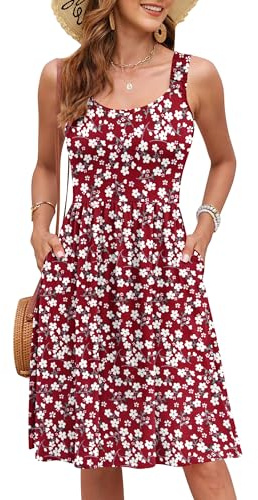 WNEEDU Robe d'Été Femme de Plage Robes sans Manches Col Carré à Bretelles Fines Jusqu'au Genou Taille Modelée A-Ligne Décontractée avec Poches
