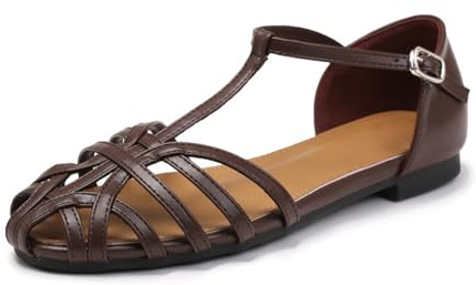 Generisch - Sandali estivi alla moda, piatti, traspiranti, intrecciati, con motivo cavo, punta chiusa, Caff, 37 EU