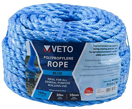 TIMCO Polypropylene Blue Rope – General purpose – Great for towing, mooring, strapping, cable draw cord and as a washing line - Winder – 10mm x 30m