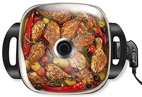 Caynel 12'' Nonstick Electric Skillet with Glass Lid, Titanium Coating, Aluminum Body, 1400 Watts, Adjustable Temperature Controller Goes Up to 460 Degrees for Fry, Bake, Steam or Simmer,Easy to Clean