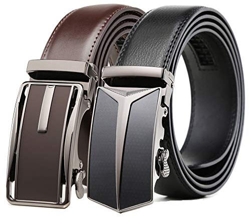 Founders & C Mens Belt 2 Pack,Leather Ratchet Click Belt Dress with Slide Buckle 1 3/8 in Gift Set Box- Size Adjustable (Ratchet Belt Black/Dark Brown, 28-42 Waist Adjustable)
