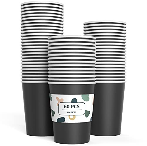 YANGTE 60 Pieces Black Paper Cups Disposable Party Cups Biodegradable and Compostable Drinking Cups for Party, Birthday Supplies, DIY - 9 Ounce - 250ml