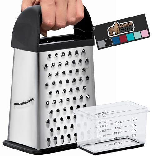 GORILLA GRIP XL 4-Sided Cheese Grater With Container, 100% BPA-Free Stainless Steel Box Graters, Parmesan Shredder, Grate Cheeses, Shred Veggies, Slip Resistant Handle, Dishwasher Safe Zester, Black