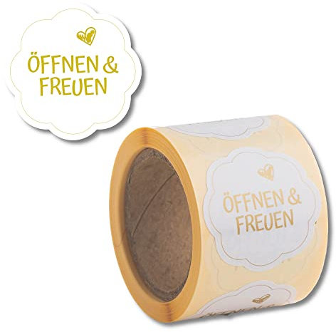 Geschenkaufkleber Öffnen und Freuen 200 Stück d40mm - blumenförmige Etiketten auf Rolle, Weiß/Gold