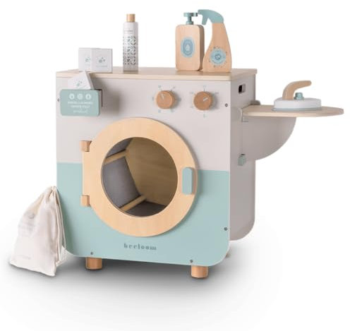 Beeloom ECOLAUNDRY Spielzeug-Waschmaschine aus Holz für Kinder, Grün, mit klappbarem Bügeleisen und 6 Zubehörteilen, ab 3 Jahren.