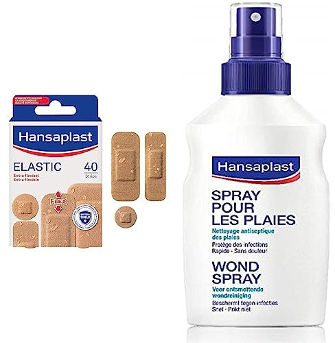 Hansaplast 40 Pansements Elastic, pansements prédécoupés, respirants et ultra flexibles, pansements stériles de différentes tailles & Spray Antiseptique, Spray nettoyant pour les plaies superficielles