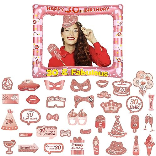 Rose Gold 30th Birthday Party Decorations: Giant Inflatable Selfie Frame with 32pcs Photo Booth Props