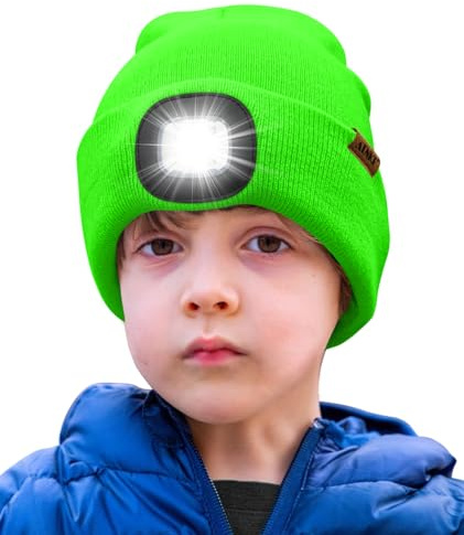 ATNKE Enfants LED Bonnet Lampe Frontale, USB Rechargeable 4 LED Chapeau de Course Ultra Lumineux Mains Libres Lumière Hiver Chaud Tricot Bonnet Cadeaux pour Garçons et Filles/Fluorescent Green