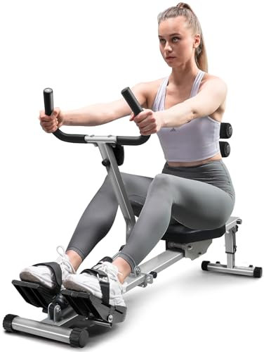 Micyox Rudergerät für zuhause, Hydraulisches Fitness-Rudergerät mit 12 Widerstandsstufen, Multifunktionaler Rückenlehne, Trainingsgerät für das Ganzkörpertraining