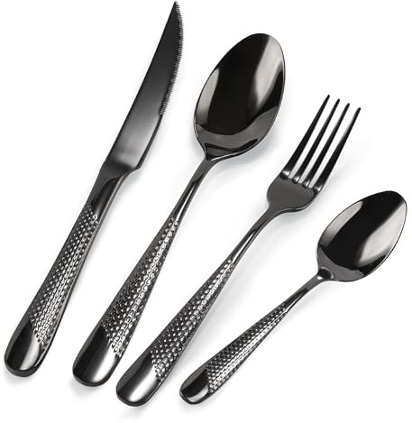 16 Piece Black Stainless Steel Cutlery Set, Hammered Pattern Design Knife and Fork Sets Service for 4 with Forks/Spoons/Knives, Modern Flatware Set for Home/Restaurant/Party