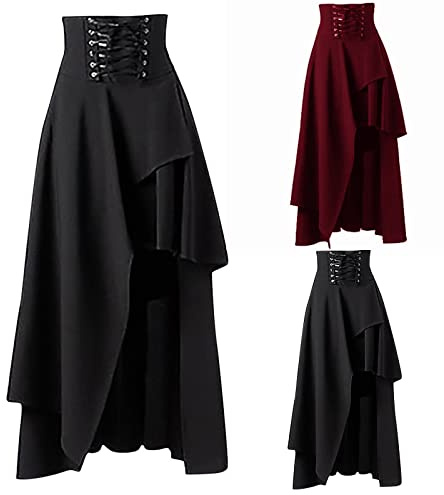 Arestory Women's Gothic Irregular Hem Skirt UK Clearance, Ladies Lace Up Renaissance Dress High Waist Victorian Dresses Punk Halloween Costume Fancy Skirts Retro Goth Clothes Plus Size