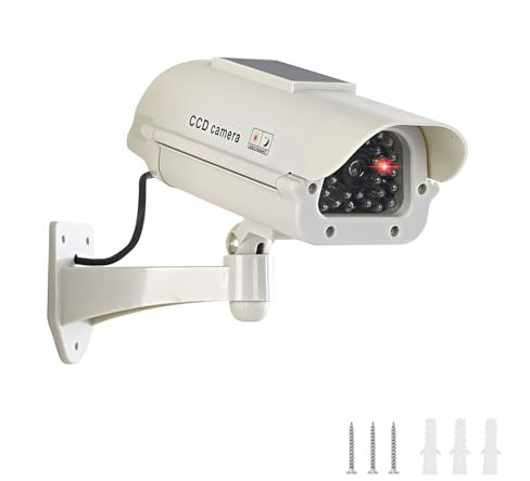 Twilight Garage Solar Powered Dummy Camera, Fake Security Camera CCTV Surveillance System with Flashing Red LED Light & Warning Security Alert Sticker for Homes & Business Security, Indoor Outdoor Use