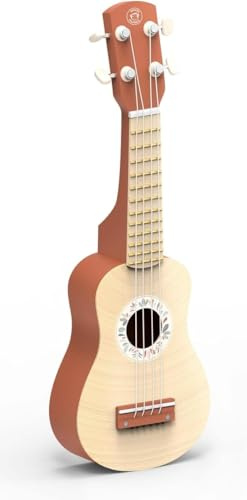 Speedy Monkey - Ukulélé Enfant en Bois 4 Cordes Nylon - Instrument Musical Enfant 3 à 8 Ans - Accordeur Intégré, Léger et Portable - Finition Terre Cuite Cadeau Fille Garçon Bois FSC Non Toxique