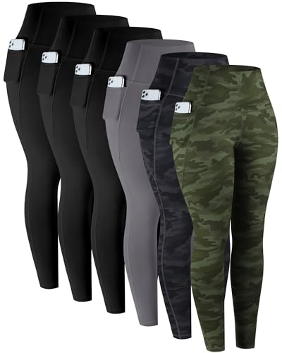 LZYVOO Leggings with Pockets for Women, 6 Packs Soft High Waisted Tummy Control Workout Yoga Pants(Camo-M)