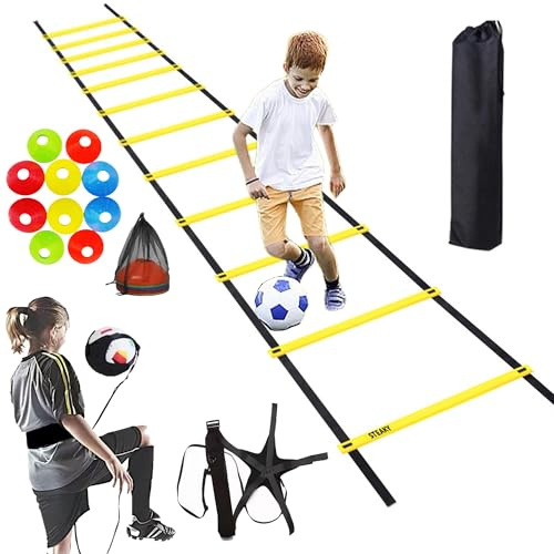 SUQ Football Training Equipment Speed Agility Ladder, Agility Ladder 14 Rung 7 M, Football Kick Trainer, 10 Sports Cones, Speed Agility Training Set, Football Training Kit for Soccer Training