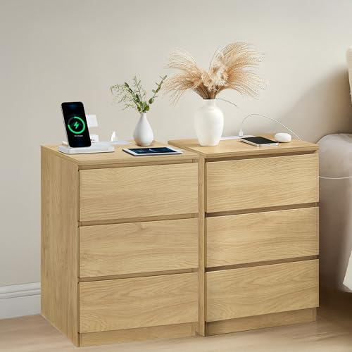 VASAGLE KAILYN Collection - Bedside Tables with Power Strip, Set of 2 Side End Tables with Drawers, 2 AC Outlets, 2 USB Ports, for Living Room, Bedroom, Study, Straw Yellow LET831Y71