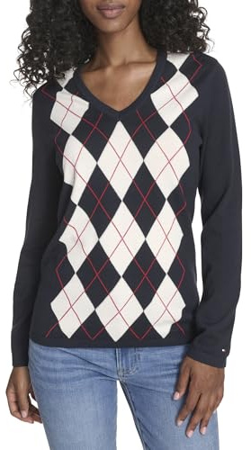 Tommy Hilfiger Womens Long Sleeve Cotton Argyle V-Neck Sweater, Sky Captain Multi, Small