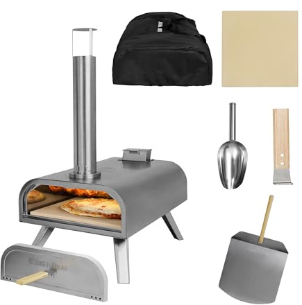 George Foreman Outdoor 16 Inch Wood Pellet Portable Wood Fired Pizza Oven Stainless Steel with Paddle and Carry Bag, BBQ Oven & Smoker, Foldable Legs GFWPPO2SSPC