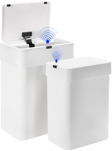 SYNCVIBE 2 Pack Bathroom Trash Can with Lid - 2.5 Gal and 4 Gal Motion Sensor Garbage Bin, Smart Rubbish Bin, Waterproof Slim Dustbin, Automatic Plastic Trash Can for Bathroom, Office, White