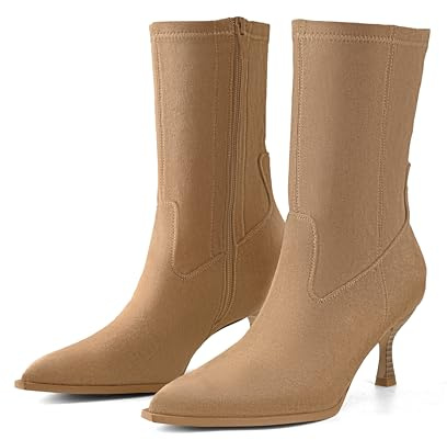 GRACESTRIDE Kitten Heel Ankle Boots for Women Pointed Toe Stacked Stiletto Booties with Side Zipper Mid Calf Short Fashion Dress Boots(8,Tan)