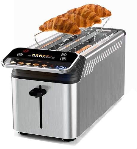 WHALL Toaster 4 slice, Touch Screen Toasters with Projection Display, 1.5 Wide Slot, 5 Bread Types & 11 Shade Settings, Digital Timer, Warming Rack, Crumb Tray, Reheat/Defrost, Silver