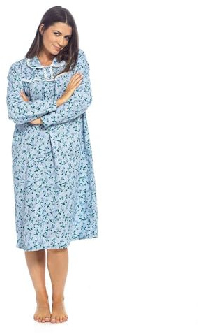 Thingimijigs Chemise de nuit pour femme imprimée florale en coton brossé flanelle, manches longues, bordure brodée anglaise, boutonnée à l'avant, longueur au-dessous du genou, rose ou bleu, bleu, 46