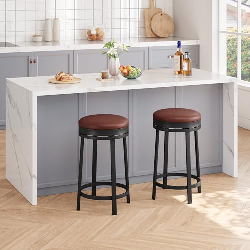 GAOMON 24'' Backless Round Swivel Bar Stools Set of 2, Counter Height, PU Leather Upholstery, Metal Frame & Footrest for Kitchen Island, Home Bar, Brown