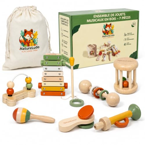 NatureLudo Instruments de Musique Enfant en Bois - 7 Pièces Montessori
