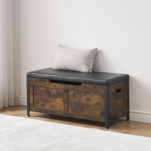 CherishCradle Coffre de Rangement en Bois avec Couvercle Ouvrant et Charnières de Sécurité, Banc à Chaussures pour Entrée, Chambre Ou Salon, Coffre À Jouets, Brun Rustique