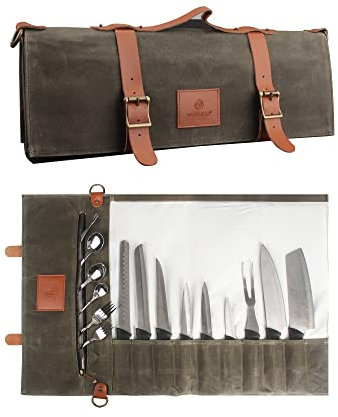 FIREDOG Borsa arrotolabile per coltello (10 tasche), in tela cerata per chef, custodia per trasporto, con manico e tracolla (coltelli non inclusi), Verde, Classico