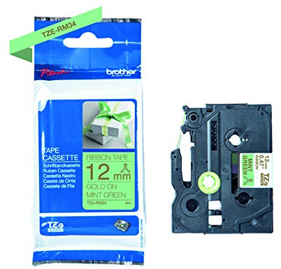 BROTHER Original Brother textiles Schriftband TZe-RM34 gold auf mintgrün - 12 mm breit, 4 m lang (u.a. für Brother P-touch H200, H100LB/R, H105, E100/VP, D200/BW/VP, D210/VP,Cube, Cube Plus)