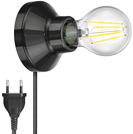 ledscom.de Porslinsvägglampa Elektra rund stickkontakt svart 90mm E27 LED-lampa vit 3-stegsdimning: max. 1020lm