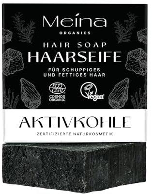 Meina Bio Haarseife gegen Schuppen und fettiges Haar, Schwarze Seife mit Aktivkohle für Haare, 100% Natürlich, Zertifizierte Naturkosmetik, Vegan, Handgemacht, Plastikfrei, Ohne Palmöl, 80g