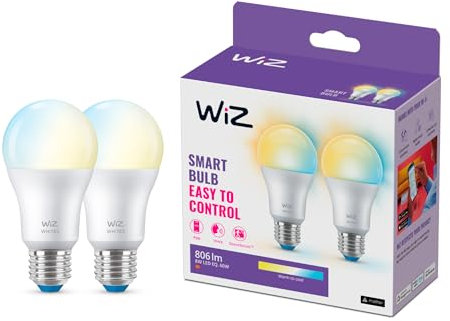 WiZ Tunable White 2er-Pack LED Lampe, E27, 60 W, dimmbar, warm- bis kaltweiß, smarte Steuerung per App/Stimme über WLAN