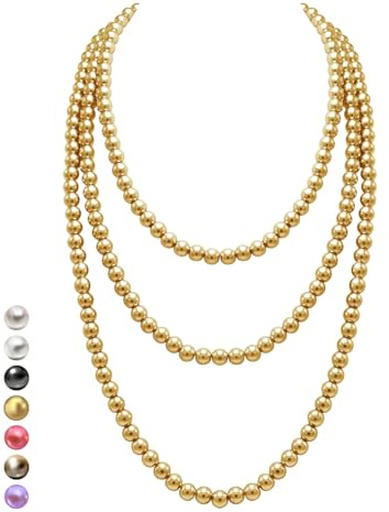 Halukakah Collier de Perles Long Années 1920 pour Femmes - Exquises Perles de Culture Naturelles - Luxueux Brin de 8mm avec Élégance Intemporelle - Or Radieux Longueur 150cm - pour Occasions Spéciales