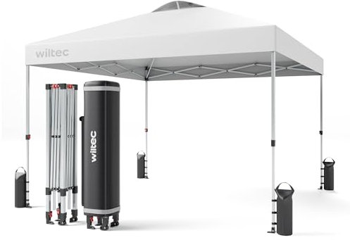 Wiltec Carpa de jardín Plegable Blanca con Ruedas 3 x 3 m Pop up Gazebo cenador Fiesta Exterior