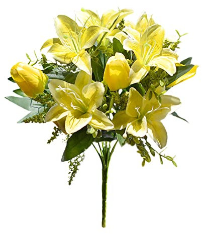 Panonw - 2 mazzi di fiori artificiali, tulipani e gigli, fiori finti realistici in mini seta, decorazione floreale per casa, ufficio, feste, cimitero (Giallo)