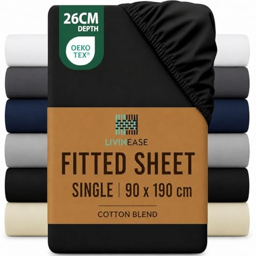LivinEase Single Fitted Sheet -10inch(26cm) Deep Cotton Blend Fitted Sheets -Bobble Free, Easy Care, Soft and Comfortable Single Black Bed Sheets (Black, Single (90 x 190 + 26cm))