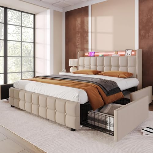 KOMHTOM Lit LED Double Rembourré avec Tête de lit, Cadre de Lit Plateforme avec 4 Tiroirs de Rangement, Sommier à Lattes en Bois(sans Matelas) (Beige, 160x200CM)