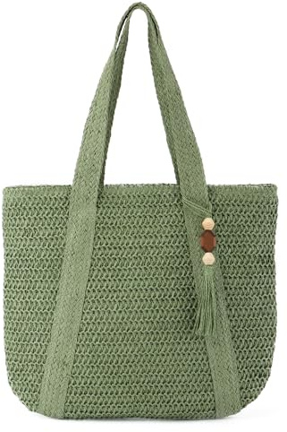 EVEOUT Sac à bandoulière en paille pour Femmes Filles Sac à main d'été en paille Cabas Sac de plage tissé pour vacances voyages(Vert 02)