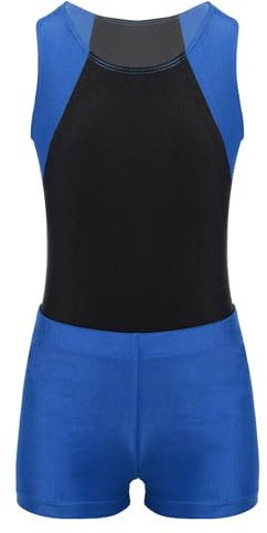inlzdz Kinder Jungen Gymnastikanzug Zweiteiler Trikot Bodysuit Jumpsuit mit Shorts Set Yoga Leotard Tanzbody Sportshorts Turnanzug für Gymnastik Yoga Blau 158-164