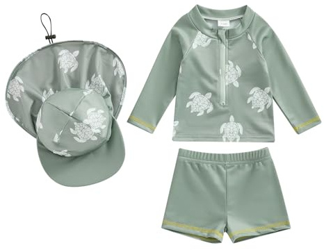 Traje de baño de bebé para niño, 3 piezas, protección UV, camiseta de manga larga + bañador + gorro para el sol, bañador para piscina, natación, playa, 18-24 meses