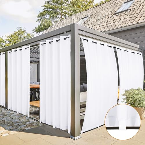 Cortina para Exterior 4 Piezas Cortinas Exteriores Impermeable Protección Solar, Cortinas para Balcones Pérgolas con Ojales, Cortinas con Trabillas en La Parte Inferior (213 x 132cm, Blanco)