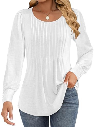 Cuptacc Ladies Tops Round Neck Smocked Long Sleeve Tops Women Longline Loose Fit Tunic Oversized T Shirts Women Puff Sleeve with Button White XXL UK 18
