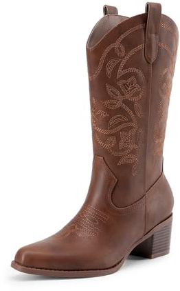 DREAM PAIRS Botas vaqueras para mujer, botas vaqueras occidentales bordadas a la moda, tacón grueso, botas de media pantorrilla, Marrón (Brown-pu), 37 EU