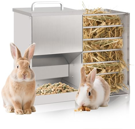 Svauoumu Comedero automático 2 en 1 para jaula de conejos, comedero de heno para exteriores, comedero mental para conejos, cobayas, hámsteres, animales pequeños